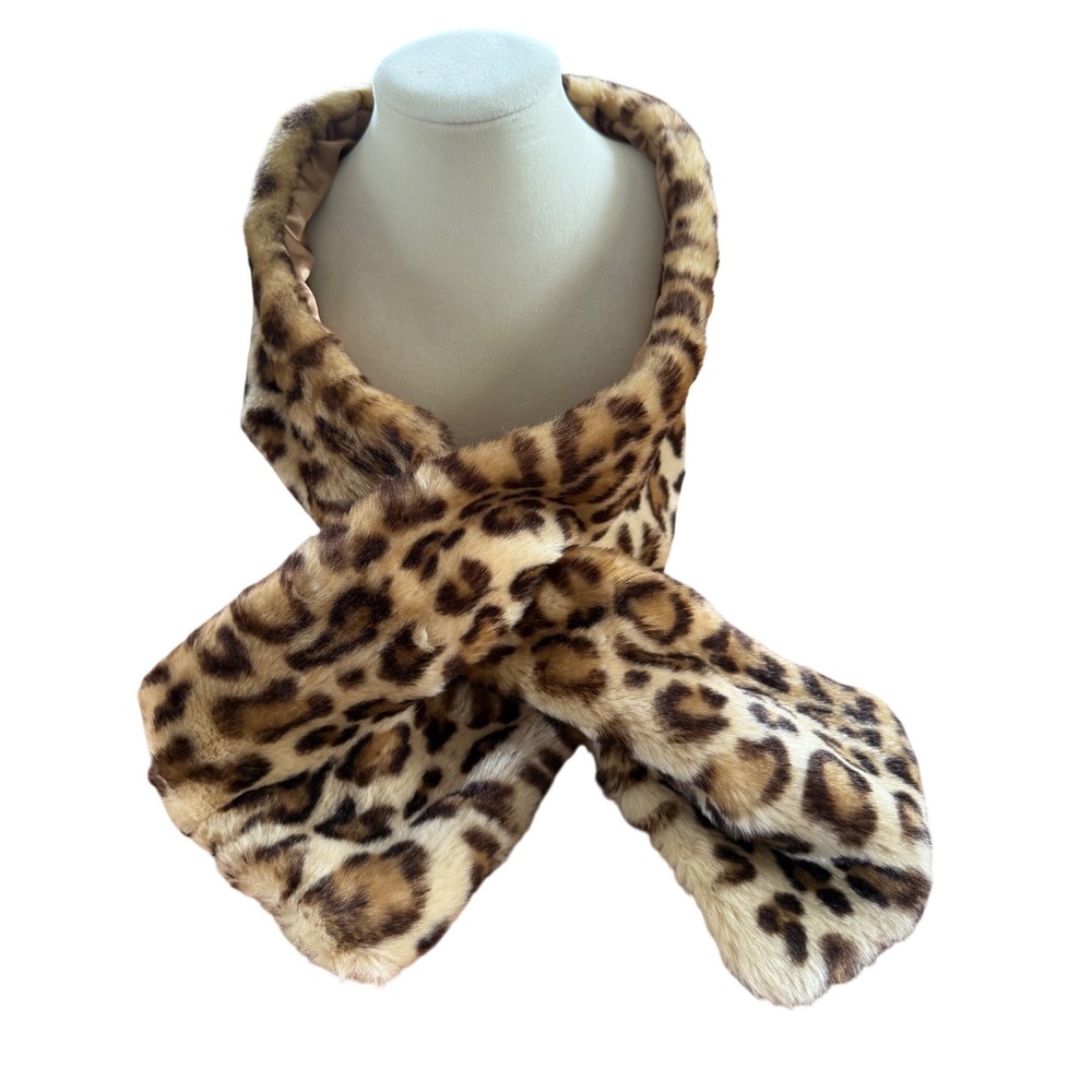Dennis Basso Faux Fur Scarf Leopard Print Pull Through Stole Brown Tan OSFM
